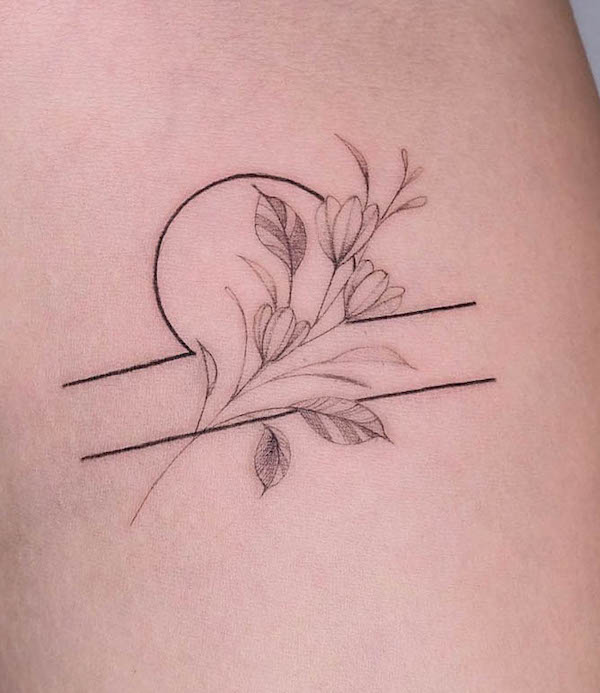 Minimalist botanical Libra tattoo by @didow.ink