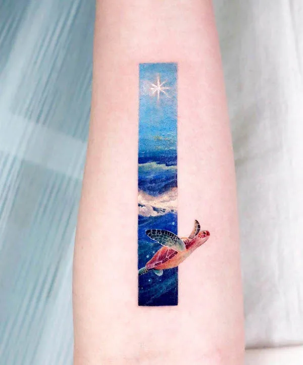 Sea turtle seascape tattoo by @eunyutattoo