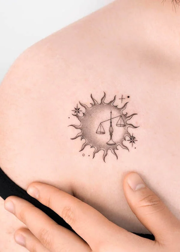 Sun and scale Libra tattoo by @choiyun_tattoo