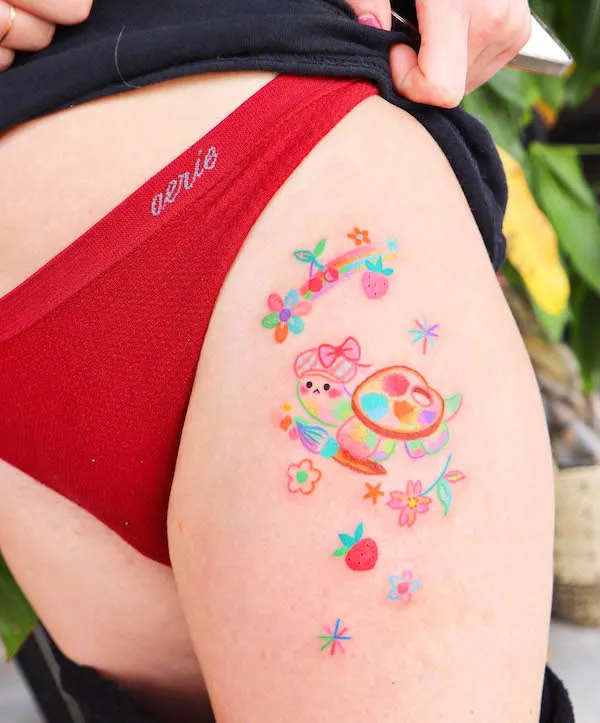 Super cute turtle thigh tattoo by @sisi.lovelove