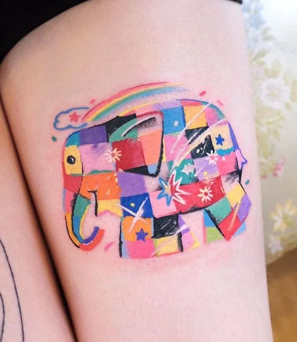 Artsy elephant thigh tattoo by @im________cat