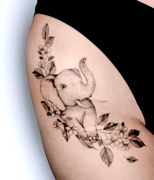 Baby elephant hip tattoo by @kwiaciara.tattoo