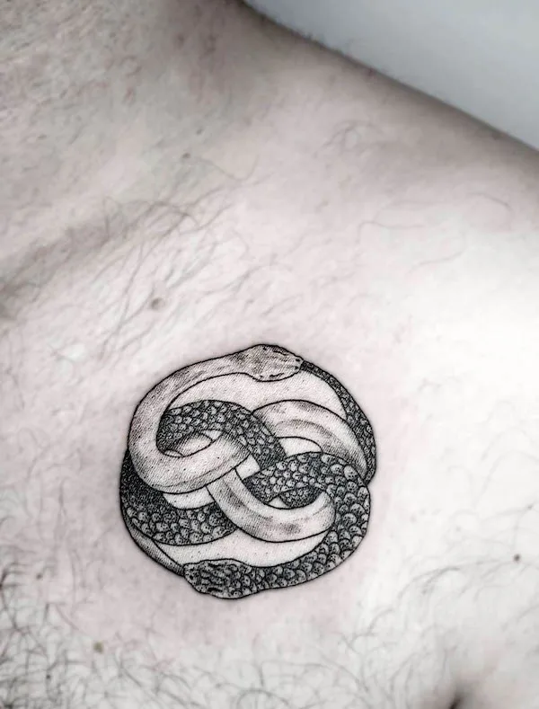 Black and white snakes ouroboros tattoo by @lespapillonsnoirs.tattoo