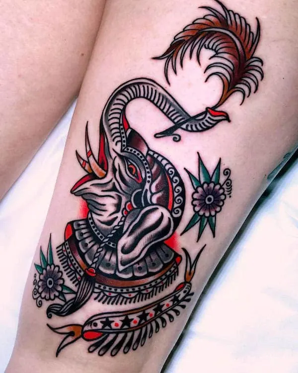 Bold traditional elephant thigh tattoo by @lafuitetattoo