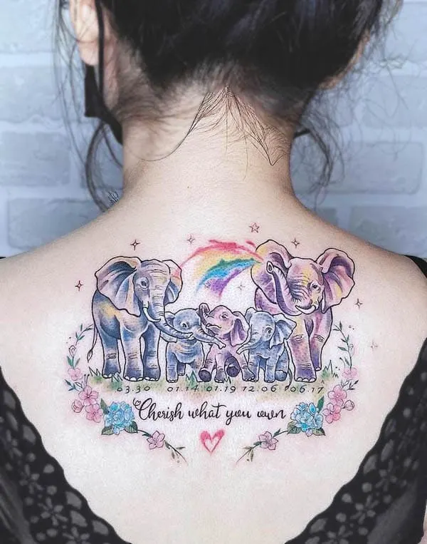 Elephant family back tattoo by @sunan623