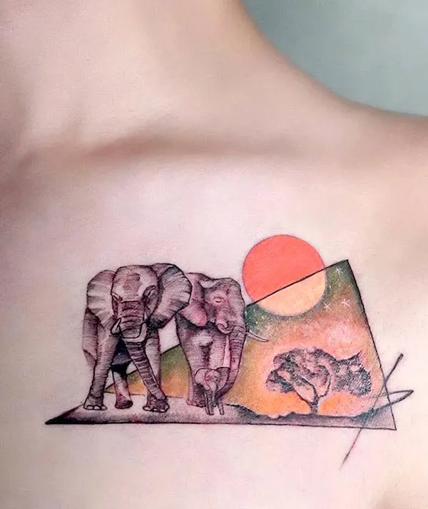 Elephant family chest tattoo by @baoink