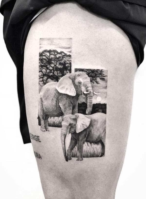 Elephant family thigh tattoo by @victoria_art.nyc
