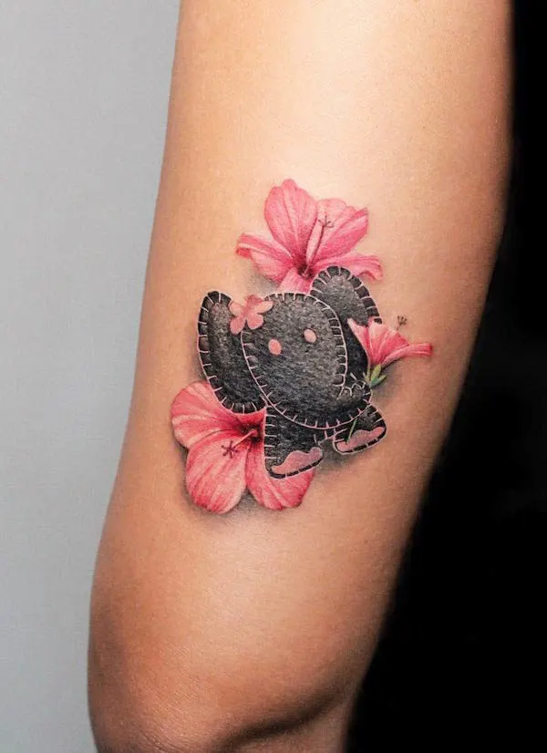 3D Elephant and flowers tattoo by @debrartist