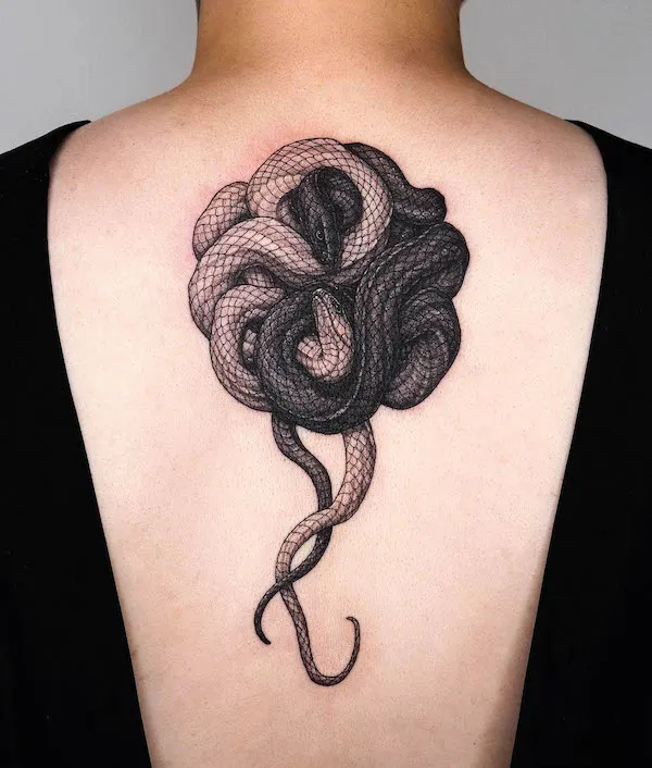 Yin and yang snake ouroboros back tattoo by @tattooer_intat