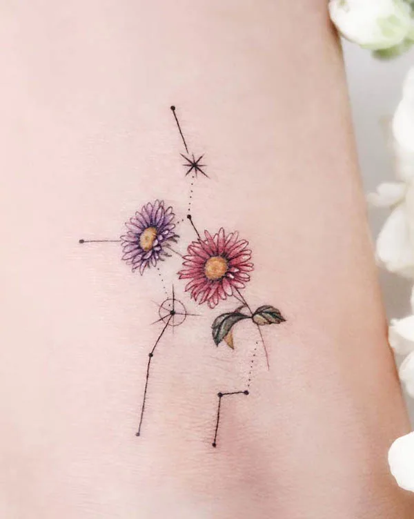 Aster September birth flower tattoo by @tattooist_greem