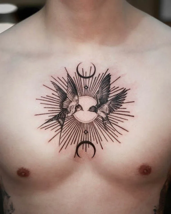 Swallows and sun chest tattoo by @its_banzo