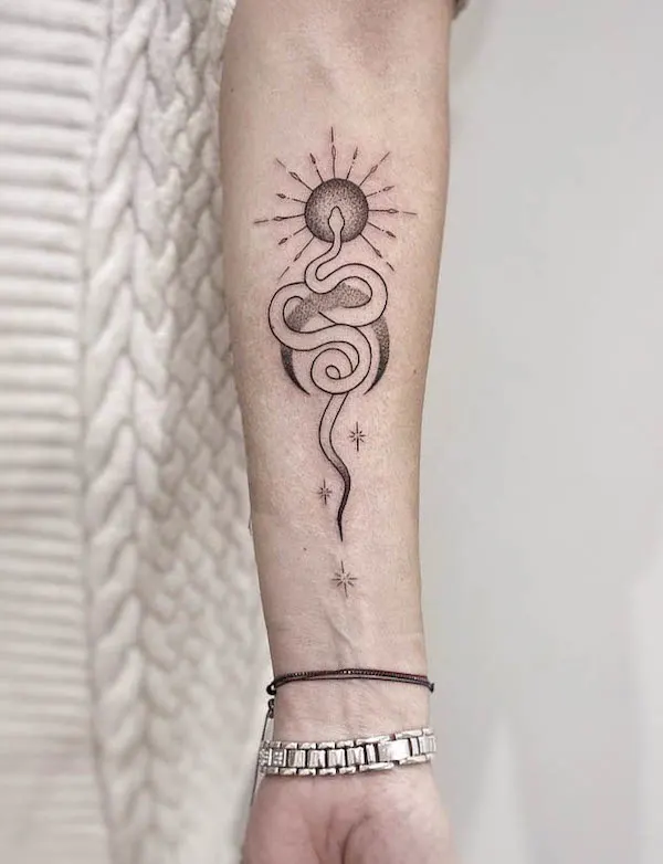 Black and grey snake and sun tattoo by @ileprocentduszy