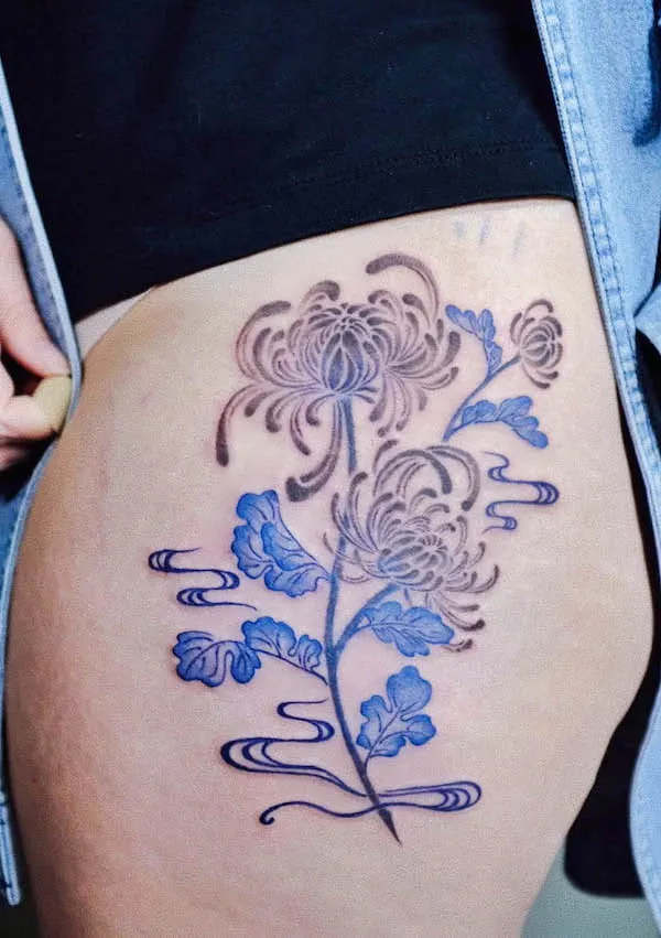 Chrysanthemum November birth flower tattoo by @xiaolun_tatt