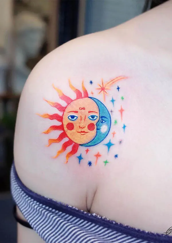 Color sun and moon tattoo by @baibutattoo