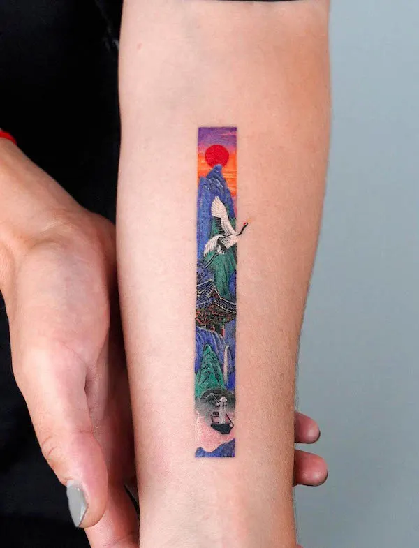 Crane and landscape sun tattoo by @tattooist_eq