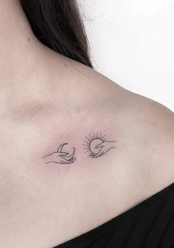 Cute sun and moon collarbone tattoo by @oztattoom