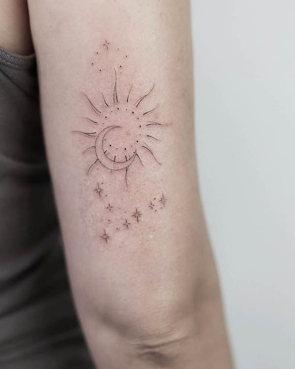 Dainty sun and moon and stars tattoo by @krissxtattoo
