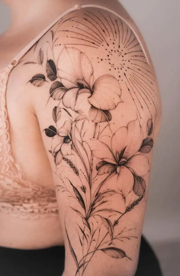 Full sleeve floral sun tattoo by @lasstattoo