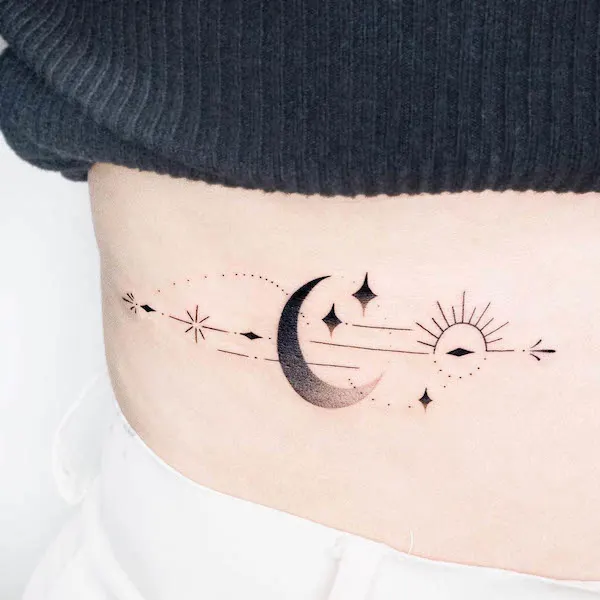 Geometric sun and moon rib tattoo by @heim__tattoo