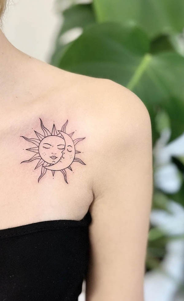 Girly sun and moon collarbone tattoo by @soho_concept