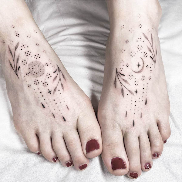 Intricate sun and moon foot tattoos by @madameluw.tattoo