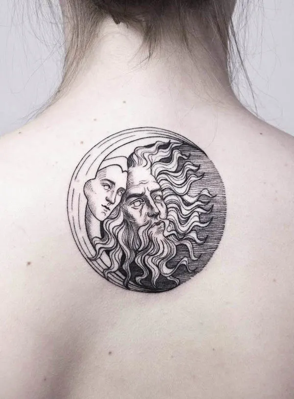 Intricate sun and moon mythological tattoo by @gelo.ink