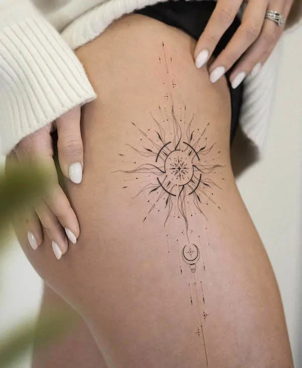 Intricate sun hip tattoo by @tattoosdelicados