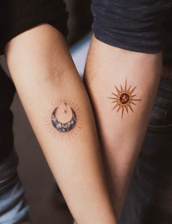 Matching color sun and moon tattoos by @olgacaca