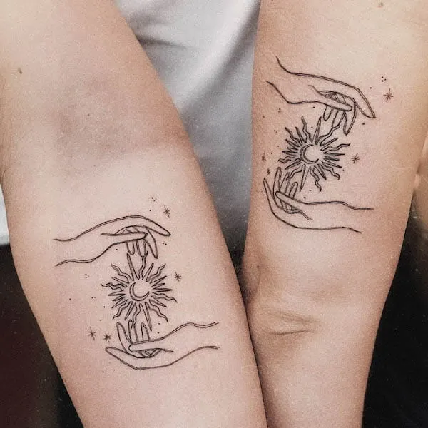 Matching sun and moon arm tattoos by @amandartc