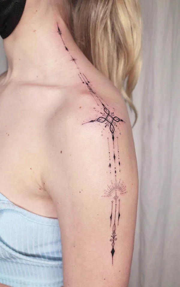 Neck and arm ornamental tattoo by @takeiteasyluv