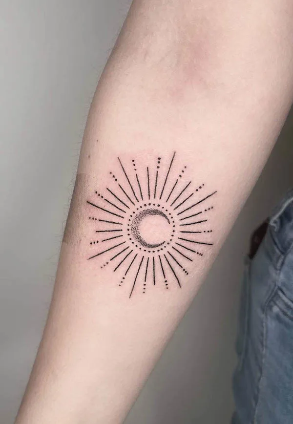 Radiating sun and moon tattoo by @marketa.handpoke