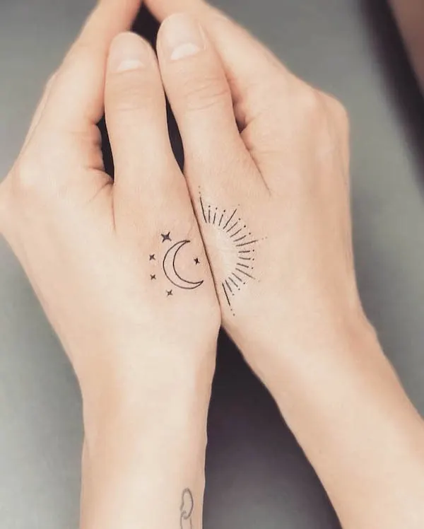 Simple sun and moon hand tattoos by @valleyrootsstudio