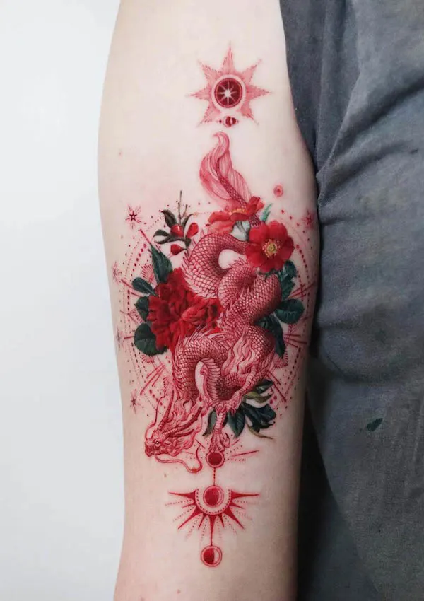 Dragon and sun tattoo by @eunb.tt