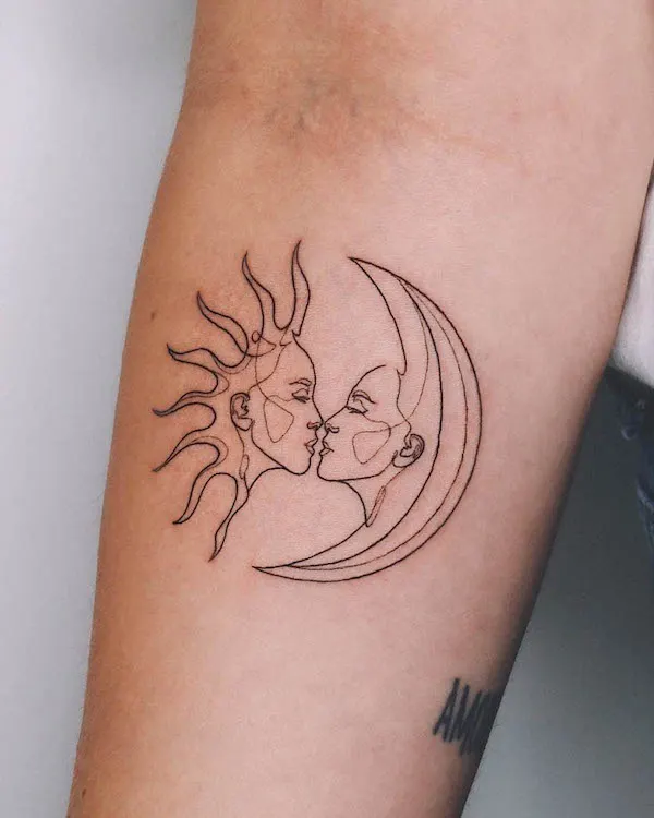Sun and moon kissing tattoo by @rodrigomtattoo