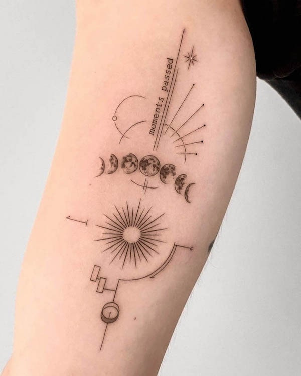 Sun and moon phase tattoo by @maro_ink