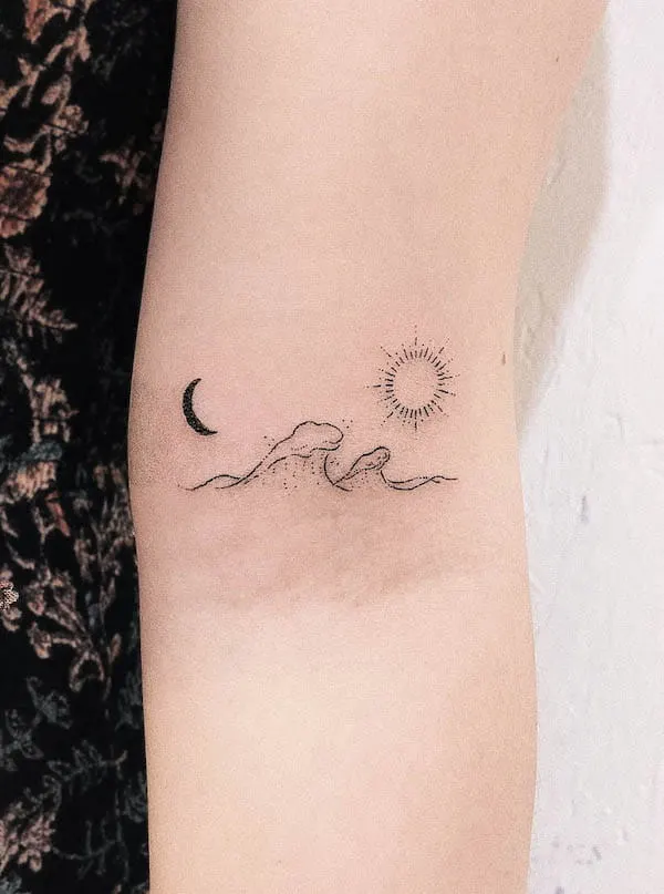 Sun and moon seascape tattoo by @sharp_pokes
