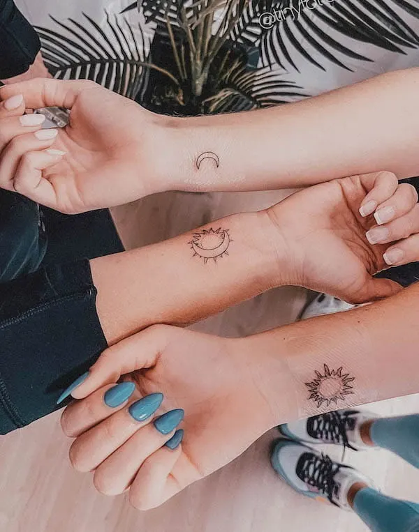 Sun and moon tattoos for three by @tinytattoos_feathertouch