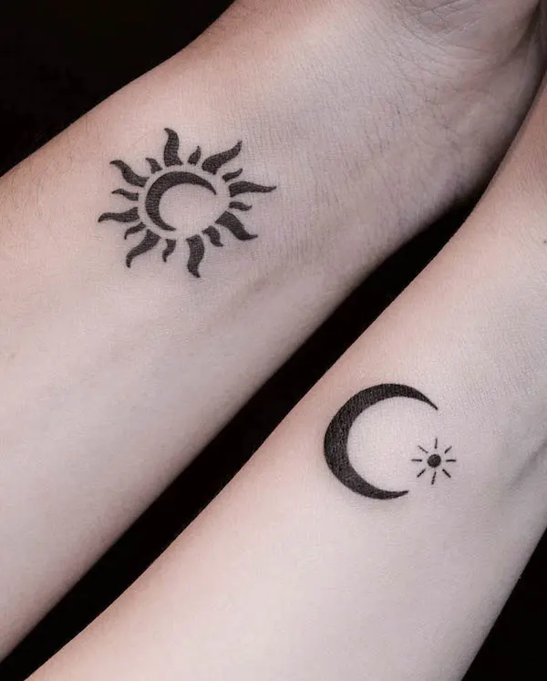 Sun and moon wrist tattoos by @xammer.ink