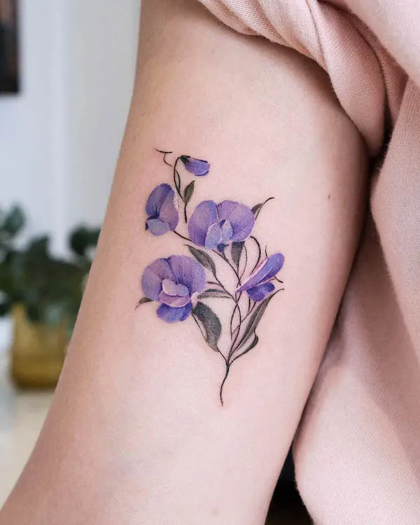 Sweet pea April birth flower tattoo by @mo.no_.tattoo