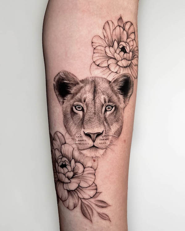 A Floral Lion Tattoo on Thigh by MKA