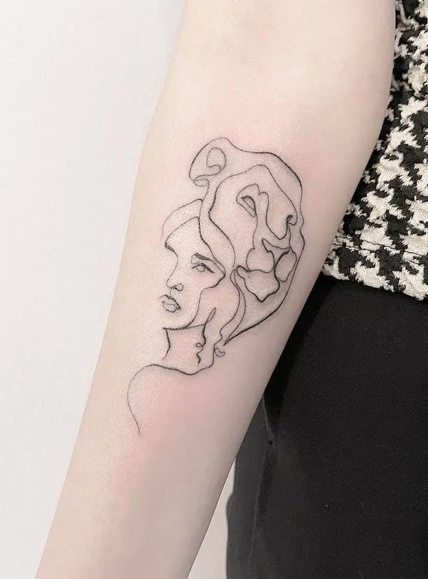 Abstract single-line woman and lion tattoo by @tattooshopdiannabrunello
