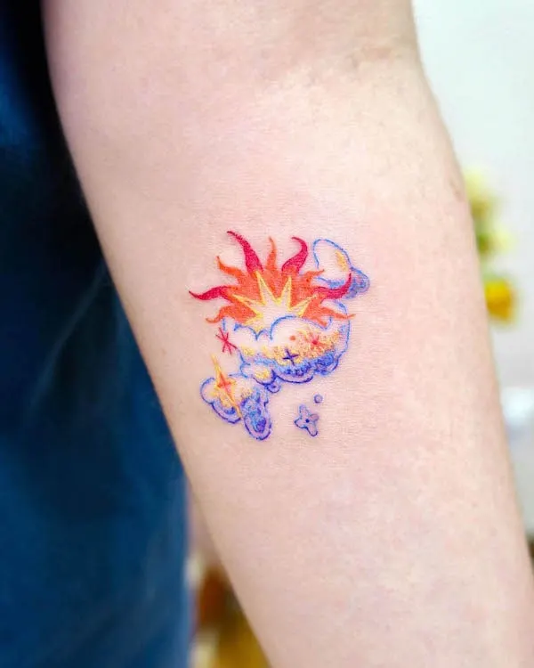 Flames and sun tattoo by @second.pin