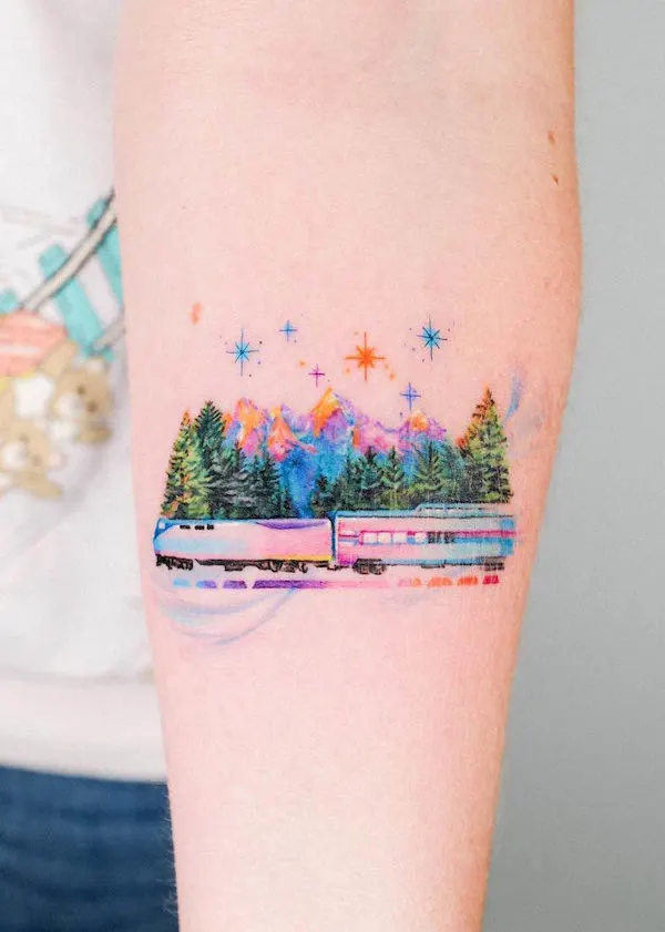 Adorable train and mountain tattoo by @guseul_tattoo