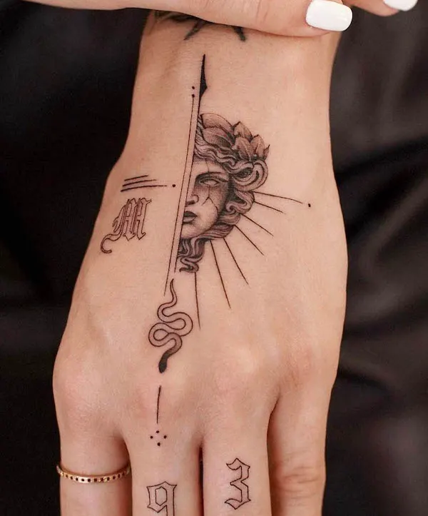 Medusa arrow hand tattoo by @francodionisio