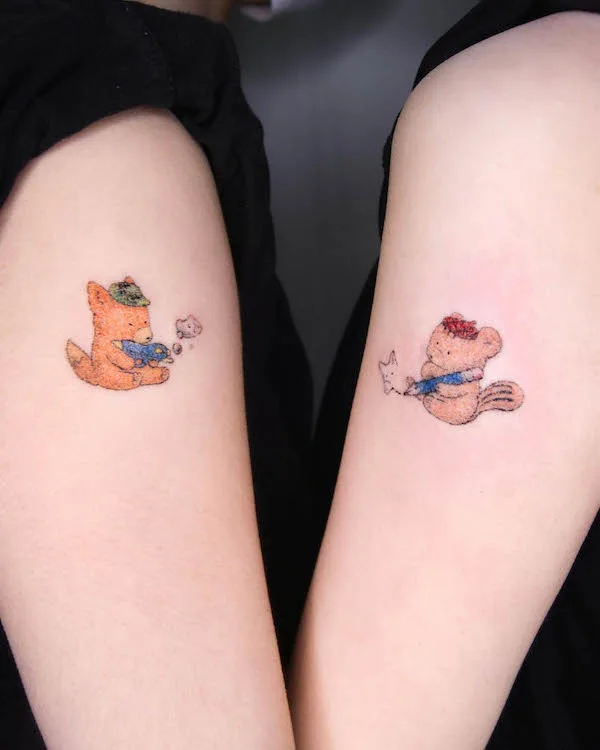 Beautiful sister tattoos by @mewon_poke