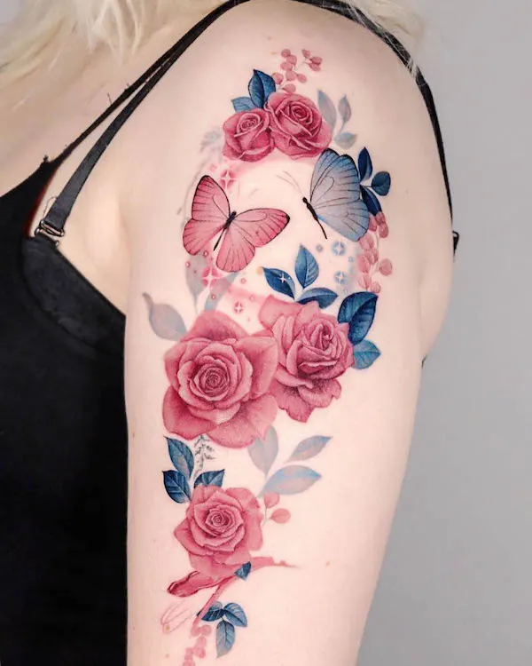 Butterflies and rose sleeve tattoo by @peria_tattoo