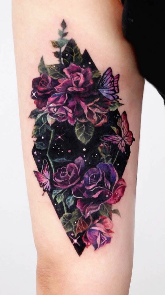 Cosmos-theme rose and butterfly cover-up tattoo by @tattooist_sigak