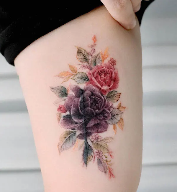 Detailed rose cover-up thigh tattoo by @vandal_tattoo