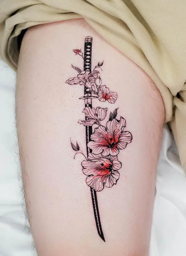 Floral katana thigh tattoo by @firstjing