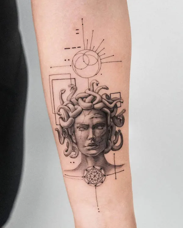 Geometric Medusa tattoo by @sametyaman.ink_